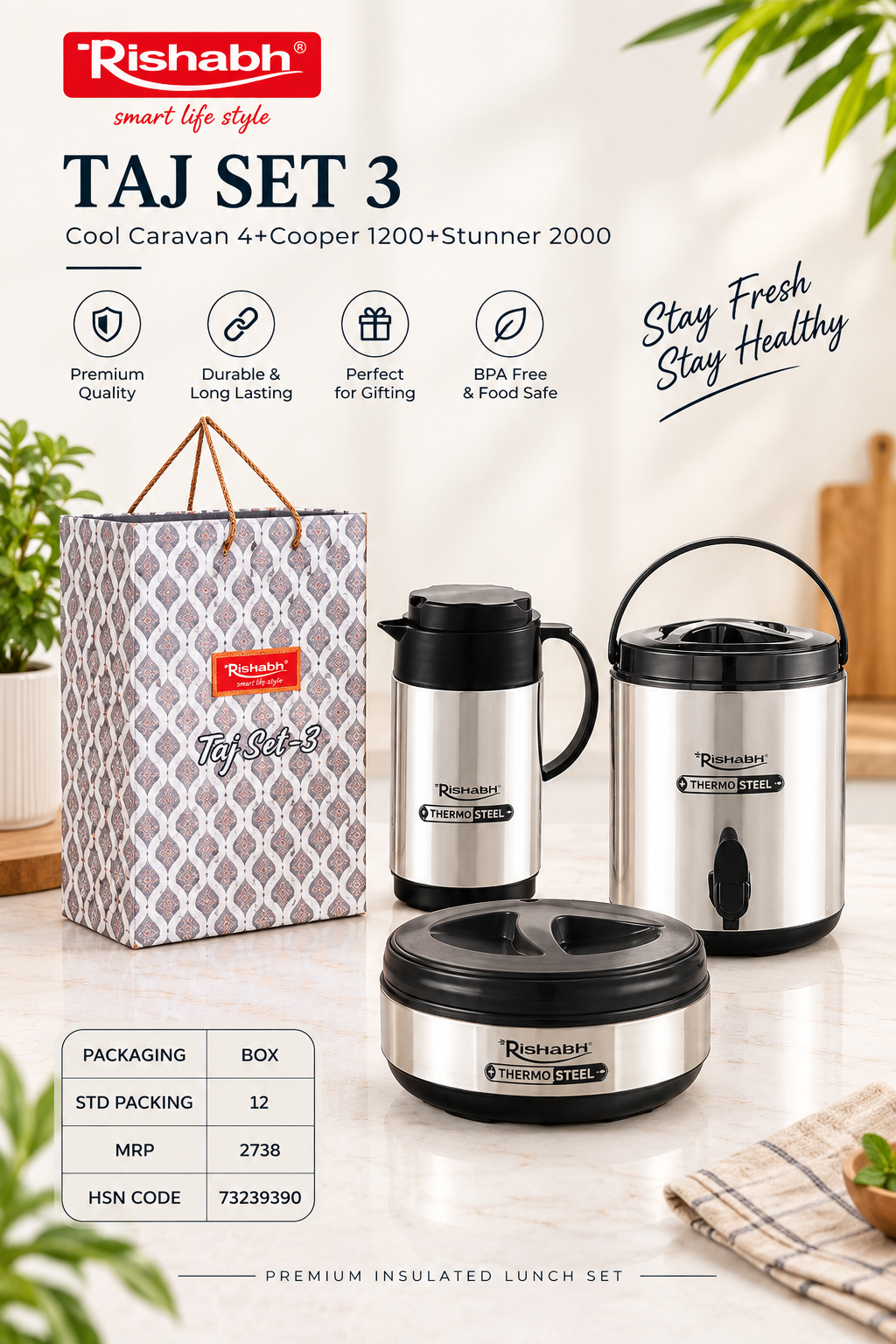 Rishabh Taj Set 3 (Thermo Steel)